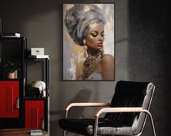 African Woman Painting Canvas PRINT, Beautiful Black Woman Portrait Wall Art, Extra Large Wall Decor Framed Ready To Hang