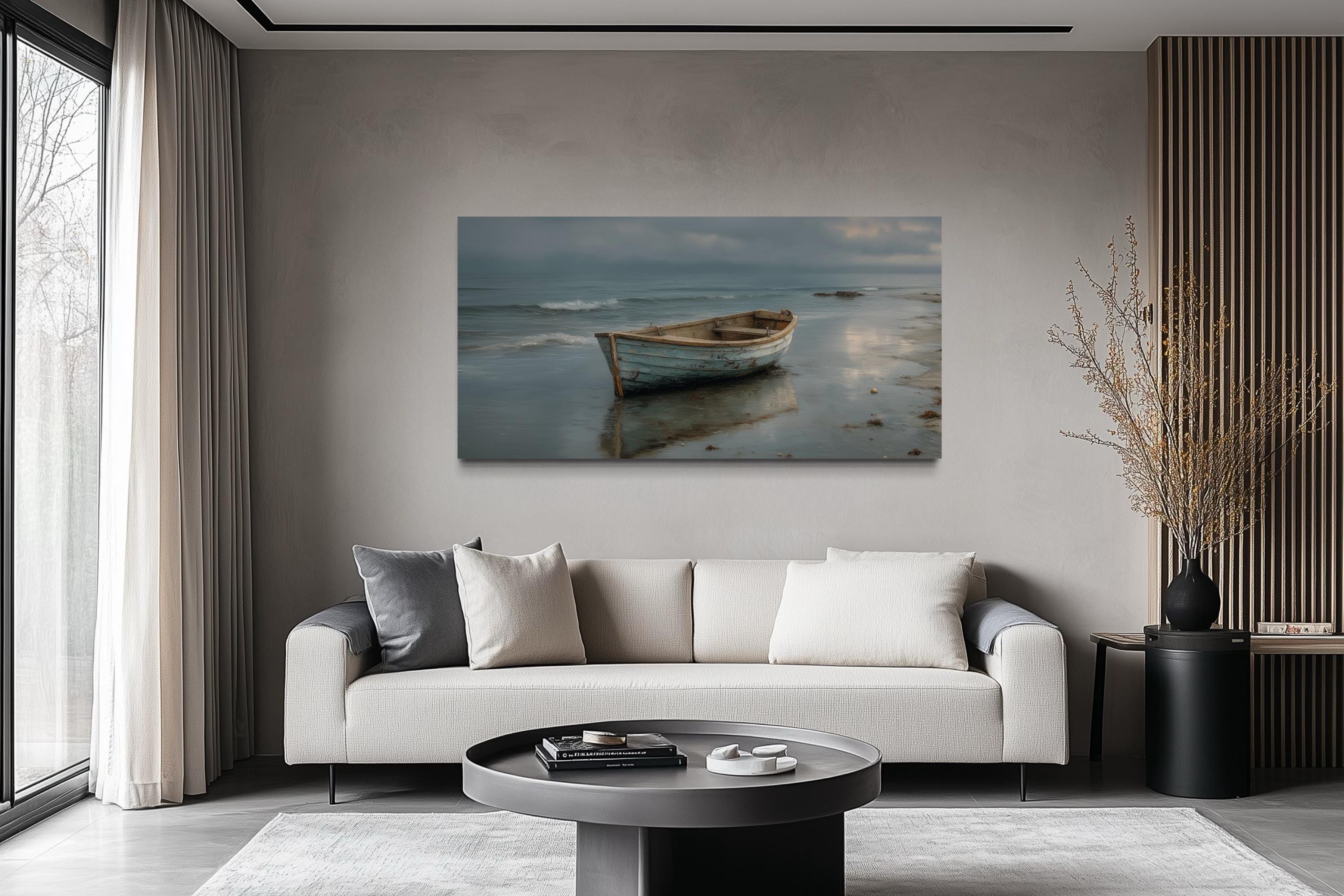Rustic Rowboat on the Beach Wall Art - Coastal Seascape Painting Print ...