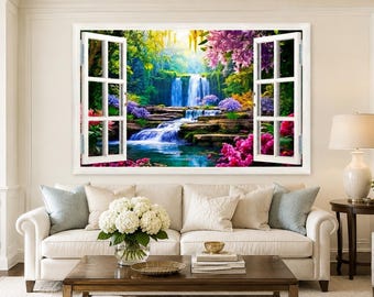 May include: A rectangular wall art print featuring an open window frame looking out onto a lush forest landscape with a multi-tiered waterfall, cascading blue water, layered stone ledges, and vibrant pink and purple flowers in the foreground.