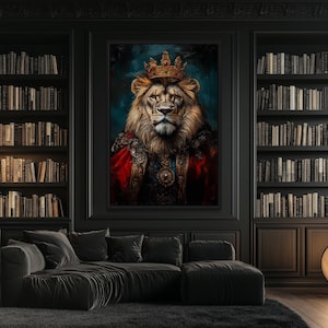 Art For Men - King Lion  With Crown And Robe Victorian Portrait Wall Art – Bold Man Cave Animal Decor Framed Ready To Hang