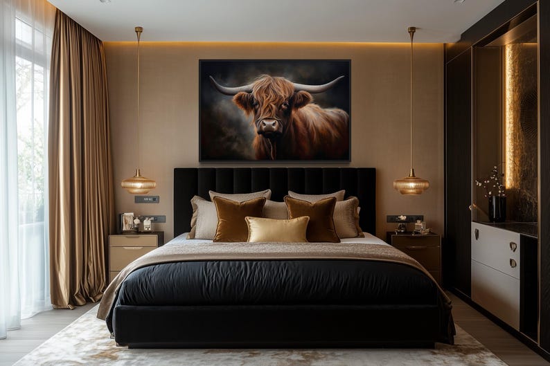a luxurious bedroom with a large bed, dark bedding, and a framed painting of a Highland cow on the wall. The room has a modern and elegant design, with gold-colored lighting fixtures and a black headboard.