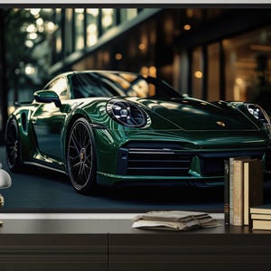 Green Porsche 911 Turbo S Realistic Painting Poster Or Canvas Print, Race Or Luxury Car Wall Art Framed Ready to Hang
