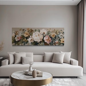 Long Horizontal Floral Framed Tapestry, Beige And Pastel Neutral Vintage Flower Wall Art For Living Room, Elegant Woven Decor Ready To Hang