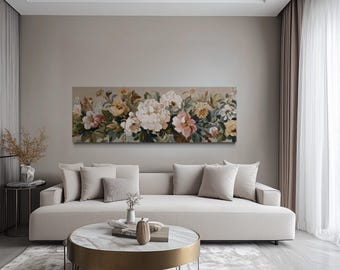 Long Horizontal Floral Framed Tapestry, Beige And Pastel Neutral Vintage Flower Wall Art For Living Room, Elegant Woven Decor Ready To Hang