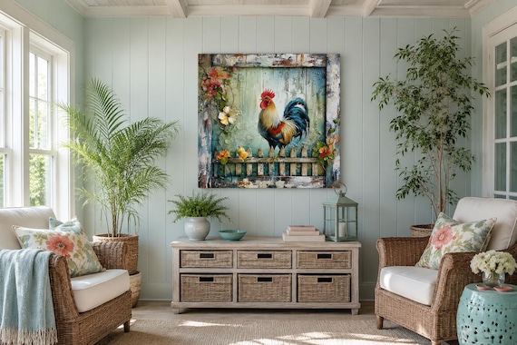 Rooster Wall Art, Farmhouse Wall Art, Rustic Farm Animals Painting Canvas PRINT, Farm Kitchen Wall Art Ready To Hang