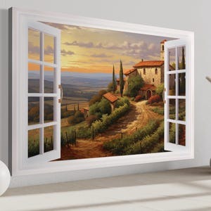 Tuscany Hills View From Open Window Painting - Window View Canvas - Italy Landscape Fake Window Wall Art Ready To Hang