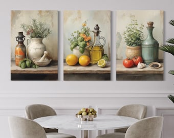 Set of 3 Kitchen Wall Art – Mediterranean Herbs, Olive Oil, Tomatoes, Lemons Still Life Canvas Prints, Dining Room Rustic Food Decor