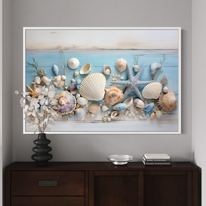 Coastal Wall Art For Beach House Seashells Painting On Blue Wood Canvas PRINT, Bathroom Wall Decor Framed Ready To Hang