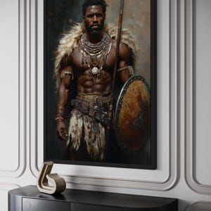 African Tribal Warrior Wall Art – Powerful Warrior Canvas Print With Shield and Spear, Masculine Statement Artwork for Man Cave Décor imagen 9