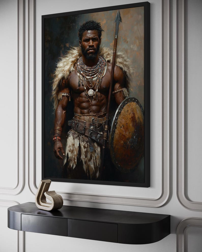 African Tribal Warrior Wall Art – Powerful Warrior Canvas Print With Shield and Spear, Masculine Statement Artwork for Man Cave Décor imagen 9