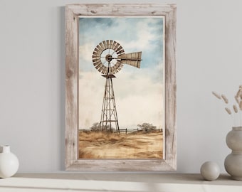 Windmill Painting Canvas PRINT, Farmhouse Wall Art, Rustic Old Farm Decor, Barn Style Wall Decor Framed Ready To Hang