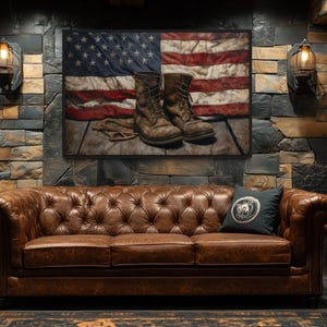 Military Patriotic Wall Art American Flag And Soldier Boots Painting Canvas PRINT, US Army Wall Art, Gift For Veterans Framed Ready To Hang