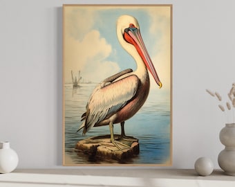 Pelican Watercolor Painting Art PRINT, Poster Or Canvas Retro Lake House Wall Art, Waterbirds Art, Nature Artwork, Ready To Hang