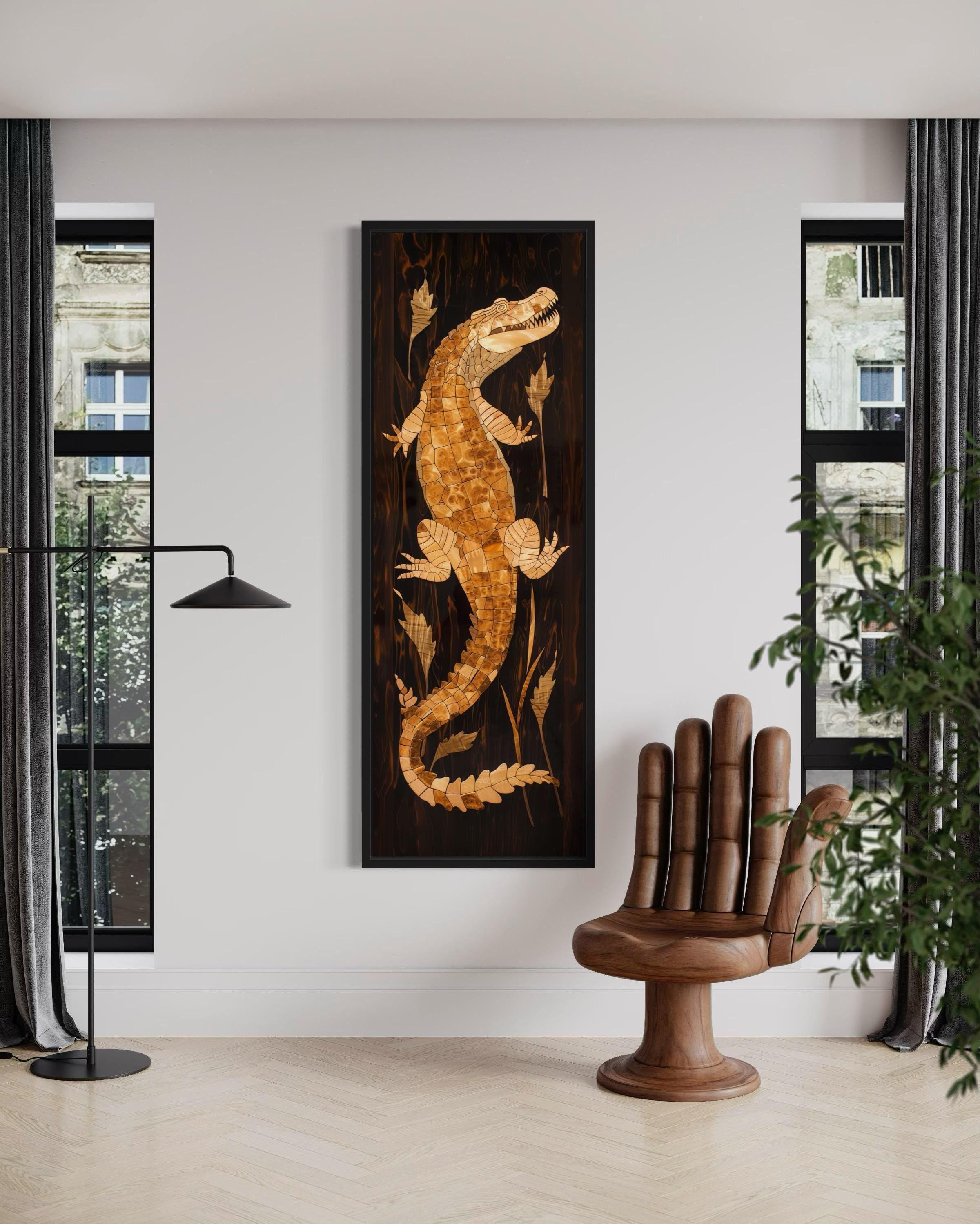 Vertical Wall Art Exotic Wooden Alligator Painting Canvas PRINT, Tall Slim Crocodile Decor Framed Ready To Hang - Modern Rustic Lodge Decor