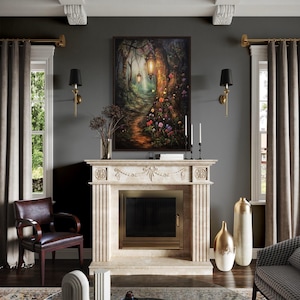 Enchanted Magical Forest Painting Canvas Print - Mystical Forest And Lighted Path Wall Art Over Mantel Art, Cool Fantasy Painting
