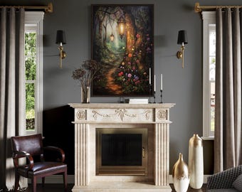 Enchanted Magical Forest Painting Canvas Print - Mystical Forest And Lighted Path Wall Art Over Mantel Art, Cool Fantasy Painting