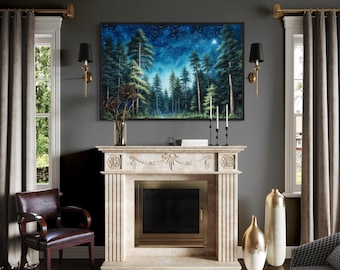 Mysterious Pine Tree Forest At Night Starry Sky Panting Canvas Print, Nature Wall Art, Rustic Cabin Decor Framed Or Unframed Ready To Hang