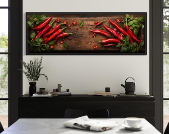 Kitchen Wall Art Chilli Pepper Sliced On Wooden Board Long Horizontal Painting Canvas PRINT, Spicy Dining Room Decor Framed Ready To Hang