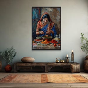 Indian Kitchen Wall Art - Indian Woman Cooking Painting Canvas PRINT, Traditional Home Decor Framed  Ready To Hang