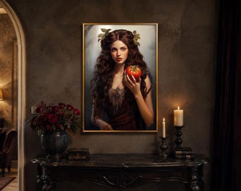 May include: A framed portrait painting of a person with long wavy brown hair adorned with green leaves, wearing a dark red garment, and holding a bright red tomato in one hand. The artwork is displayed on a dark wall above a dark wooden console table.