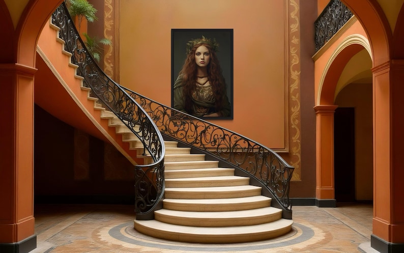 a grand staircase with ornate railings and a large portrait of a woman hanging on the wall above it. The staircase is set against a backdrop of orange walls and arches, creating an elegant and majestic atmosphere.