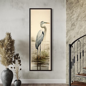Tall Narrow Great Egret Painting Canvas PRINT, Long Vertical Neutral Watercolor Retro Bird Wall Art Tall Artwork Ready To Hang