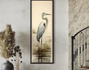 Tall Narrow Great Egret Painting Canvas PRINT, Long Vertical Neutral Watercolor Retro Bird Wall Art Tall Artwork Ready To Hang