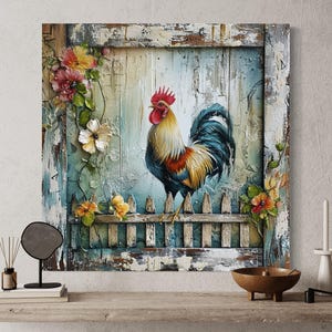 a vibrant painting of a rooster on a wooden fence, surrounded by flowers and foliage. The painting is displayed on a wall above a wooden shelf, which also holds a mirror, a candle holder, and a small bowl.