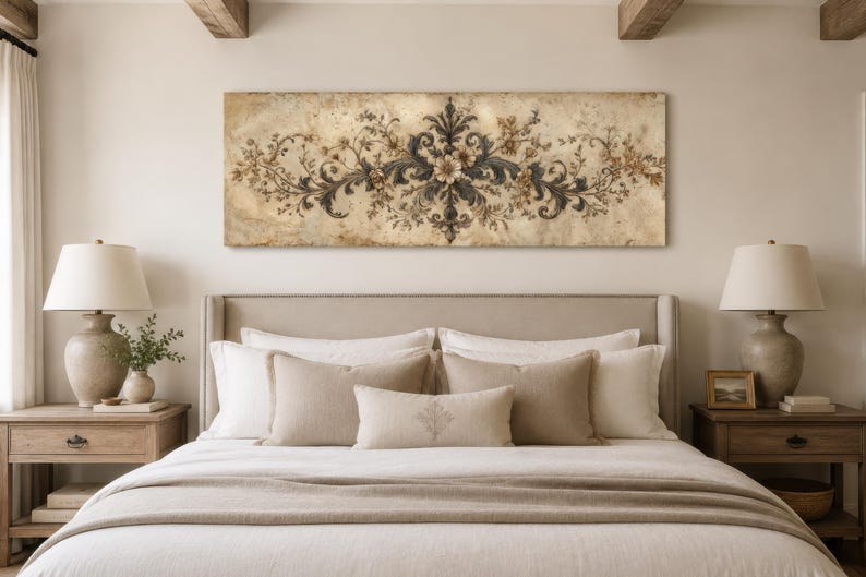Damask Wall Art Above Bed, Antique Neutral Ornamental Design Painting ...