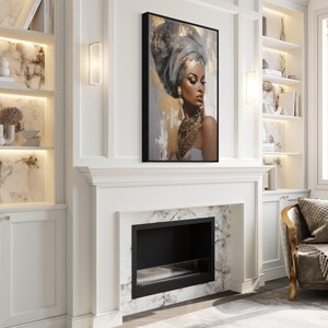 a luxurious living room with a fireplace, white marble walls, and a large framed artwork featuring a woman's portrait. The room is well-lit, with natural light coming in through a window. The furniture includes a chair and a bookshelf, and the overall decor has a sophisticated and elegant style.