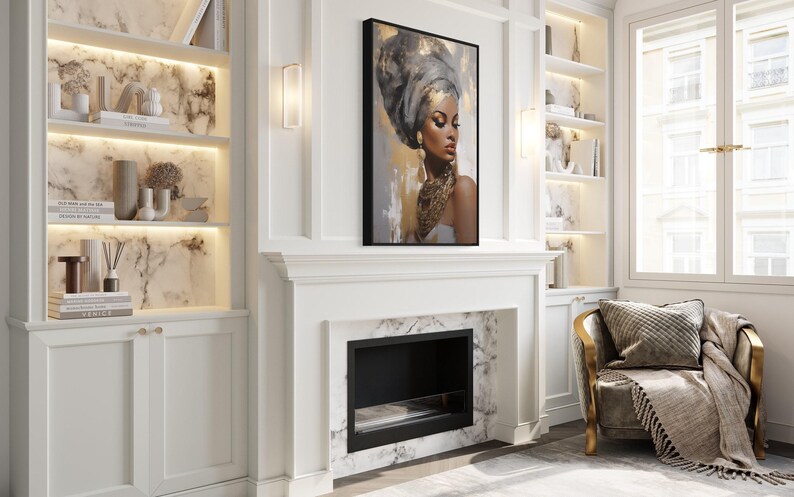 a luxurious living room with a fireplace, white marble walls, and a large framed artwork featuring a woman's portrait. The room is well-lit, with natural light coming in through a window. The furniture includes a chair and a bookshelf, and the overall decor has a sophisticated and elegant style.