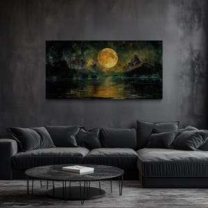 Gothic Moody Night Lake Landscape Under Full Yellow Moon Painting Canvas PRINT, Dark Spooky Wall Decor, Halloween Art, Framed Ready To Hang