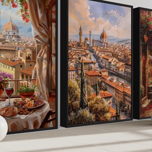 three framed paintings depicting different scenes of a city, including a view of the city from a window, a view of the city from a balcony, and a view of the city from a street.