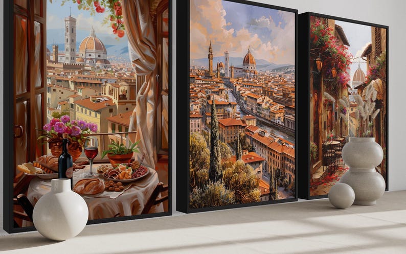 three framed paintings depicting different scenes of a city, including a view of the city from a window, a view of the city from a balcony, and a view of the city from a street.