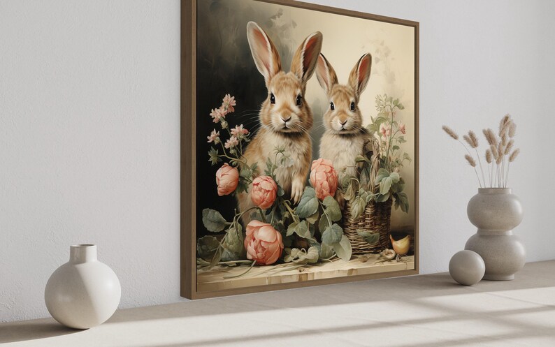 a painting of two rabbits sitting amidst flowers and plants, with a vase of flowers and a white vase on a shelf in the foreground.