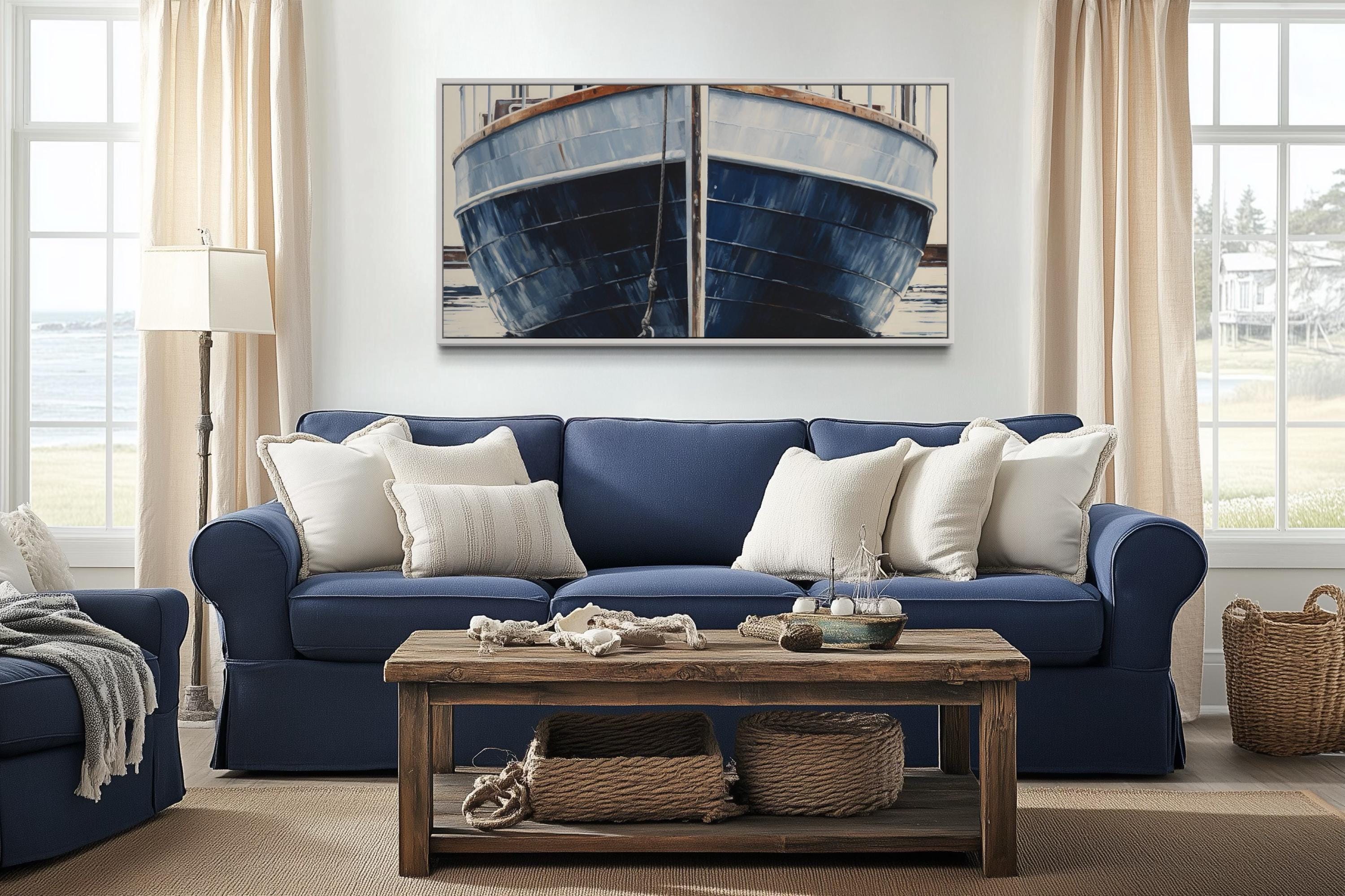 Nautical Wall Art Navy Blue Rustic Boat Painting Canvas PRINT, Beach ...