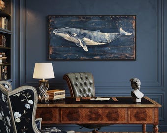 Nautical Wall Art Humpback Whale Painting on Navy Blue Distressed Wood Canvas PRINT, Rustic Beach House Wall Decor,  Framed Ready To Hang