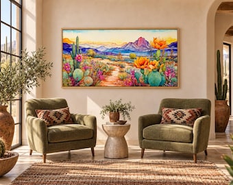 Colorful Arizona Desert Painting Canvas Print - Southwestern Wall Art, Vibrant Desert Landscape Large Panoramic Wall Decor Ready To Hang