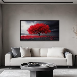 Red Tree on Black White Background Extra Large Painting Canvas Print - Red Wall Art Framed, Unframed, Ready To Hang
