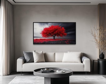 Red Tree on Black White Background Extra Large Painting Canvas Print - Red Wall Art Framed, Unframed, Ready To Hang