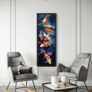 a modern living room with a large painting of colorful fish on the wall, two gray armchairs, and a coffee table with decorative items.