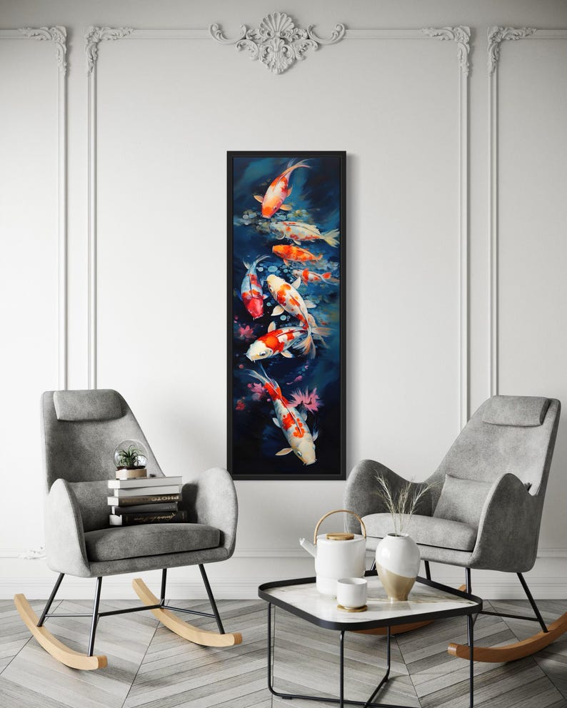 a modern living room with a large painting of colorful fish on the wall, two gray armchairs, and a coffee table with decorative items.