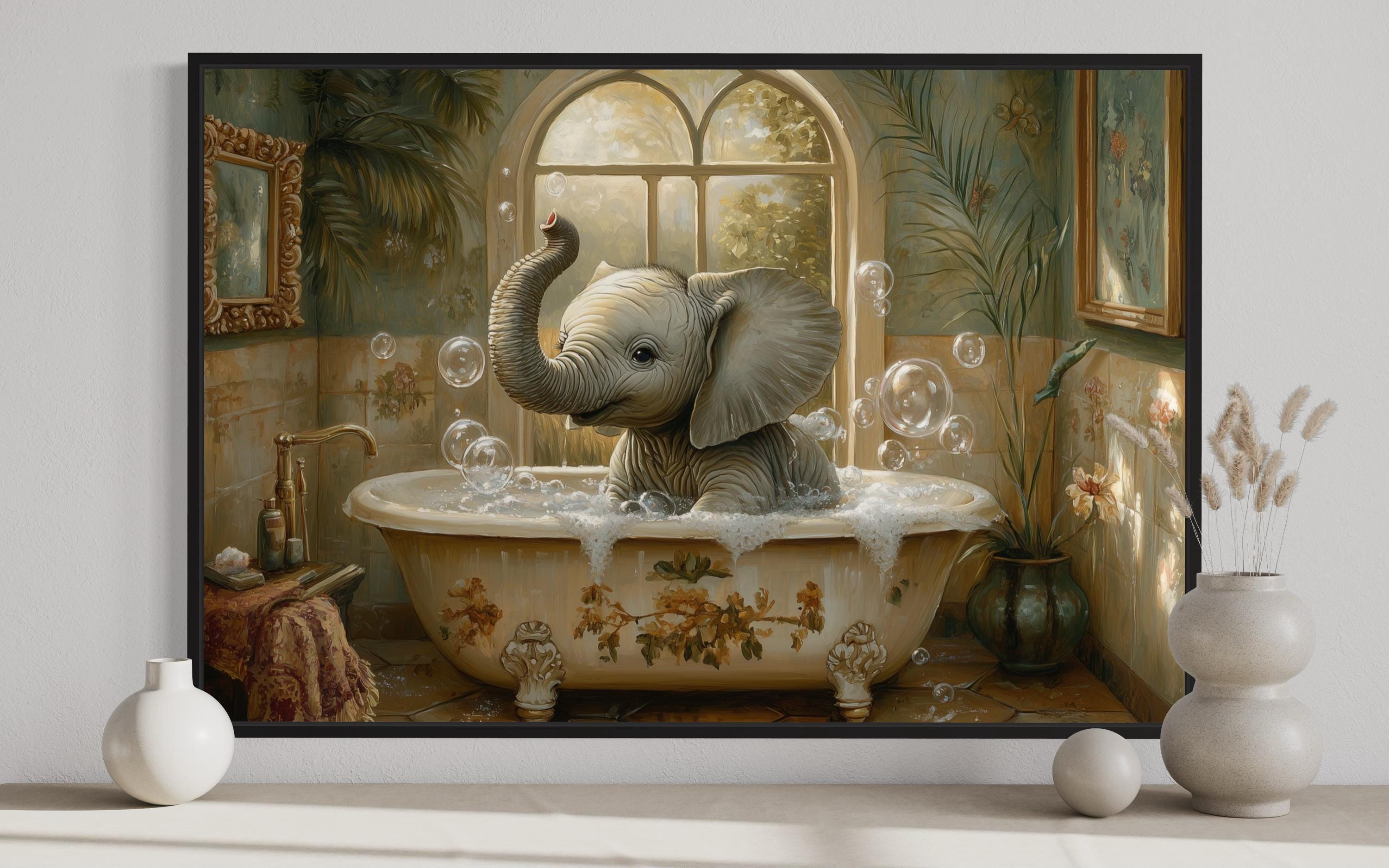 Baby Elephant in a Bathtub Painting Canvas Print, Animals in Bathtub ...