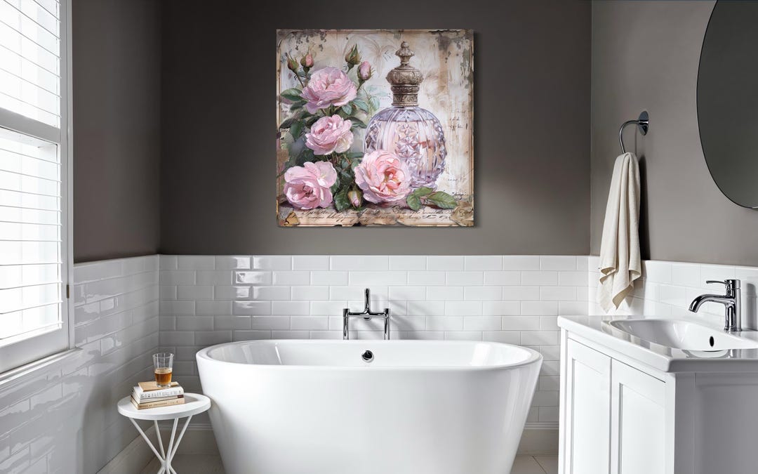 Pink Shabby Chic Bathroom Wall Art Canvas Print, Vintage Floral Perfume ...