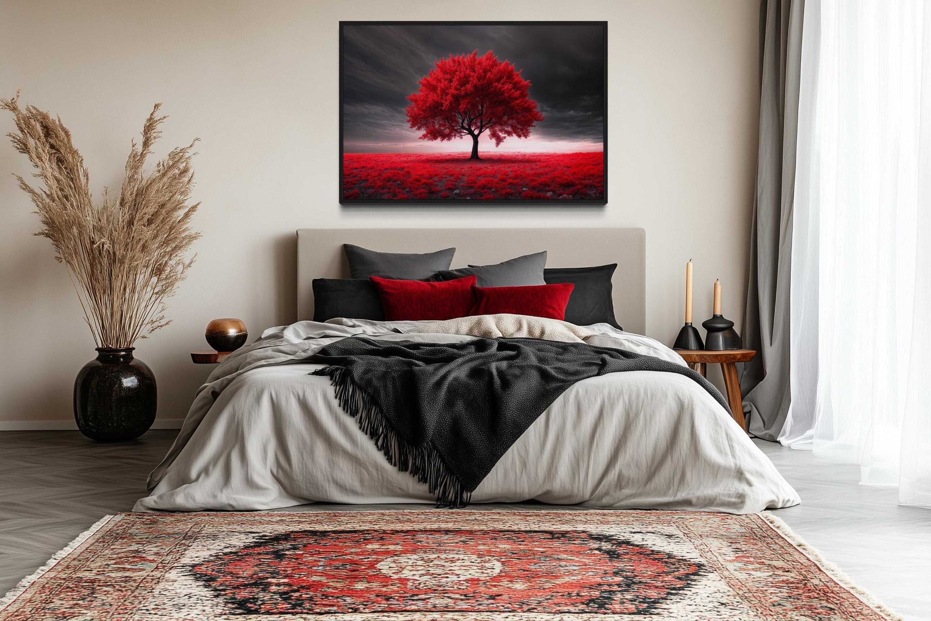 Red Tree on Black Background Wall Art - Tree Painting Canvas Print ...