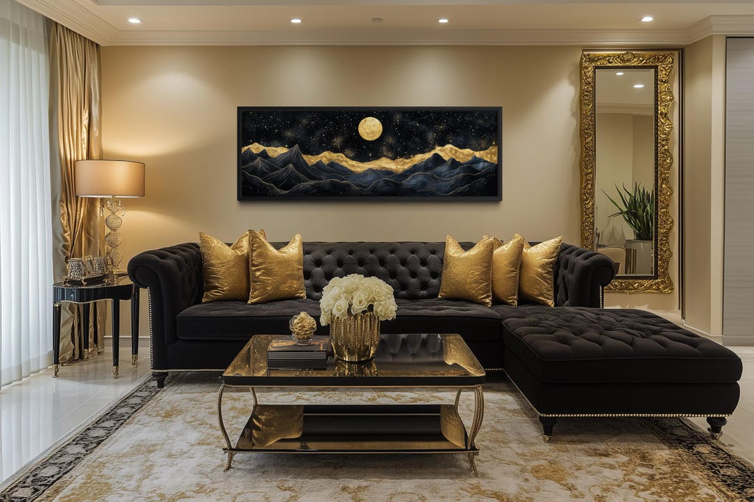 Black Gold Mountain Wall Art Canvas Print, Moonlit Night Long Narrow ...