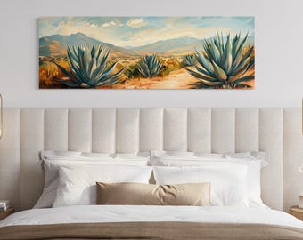 Desert Landscape Wall Art, Agave in Desert Painting Panoramic Horizontal Above Couch Southwestern Wall Art Framed Ready To Hang
