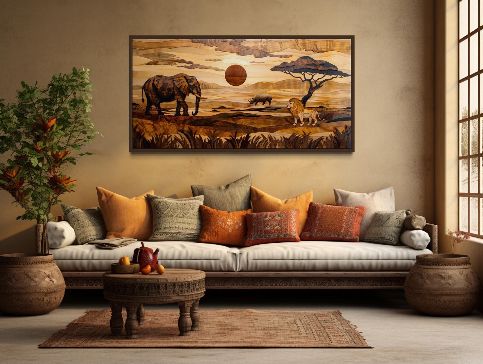 African Wall Art Painting Canvas PRINT, Savanna Landscape With Elephant ...