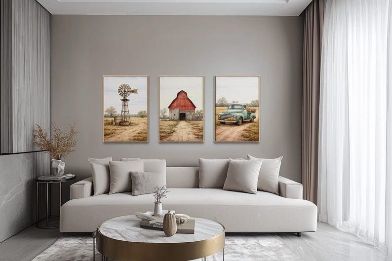 Farmhouse Wall Art Set of 3 Canvas Print, Barn Windmill and Vintage ...