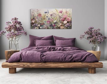 Framed Wildflowers Field Painting Canvas PRINT, Grey Pink Floral Boho Botanical Wall Decor, Rustic Chic Farmhouse Wall Art Ready To Hang